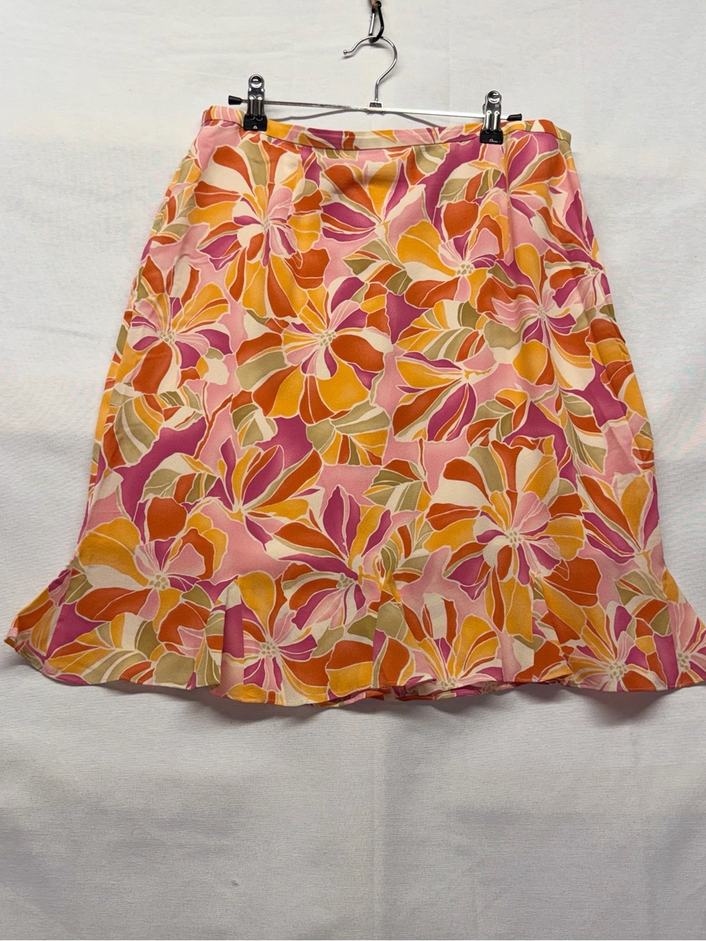 Talbots 100% Silk Floral A-Line Skirt in Pink & Orange flounce bottom 12 petite